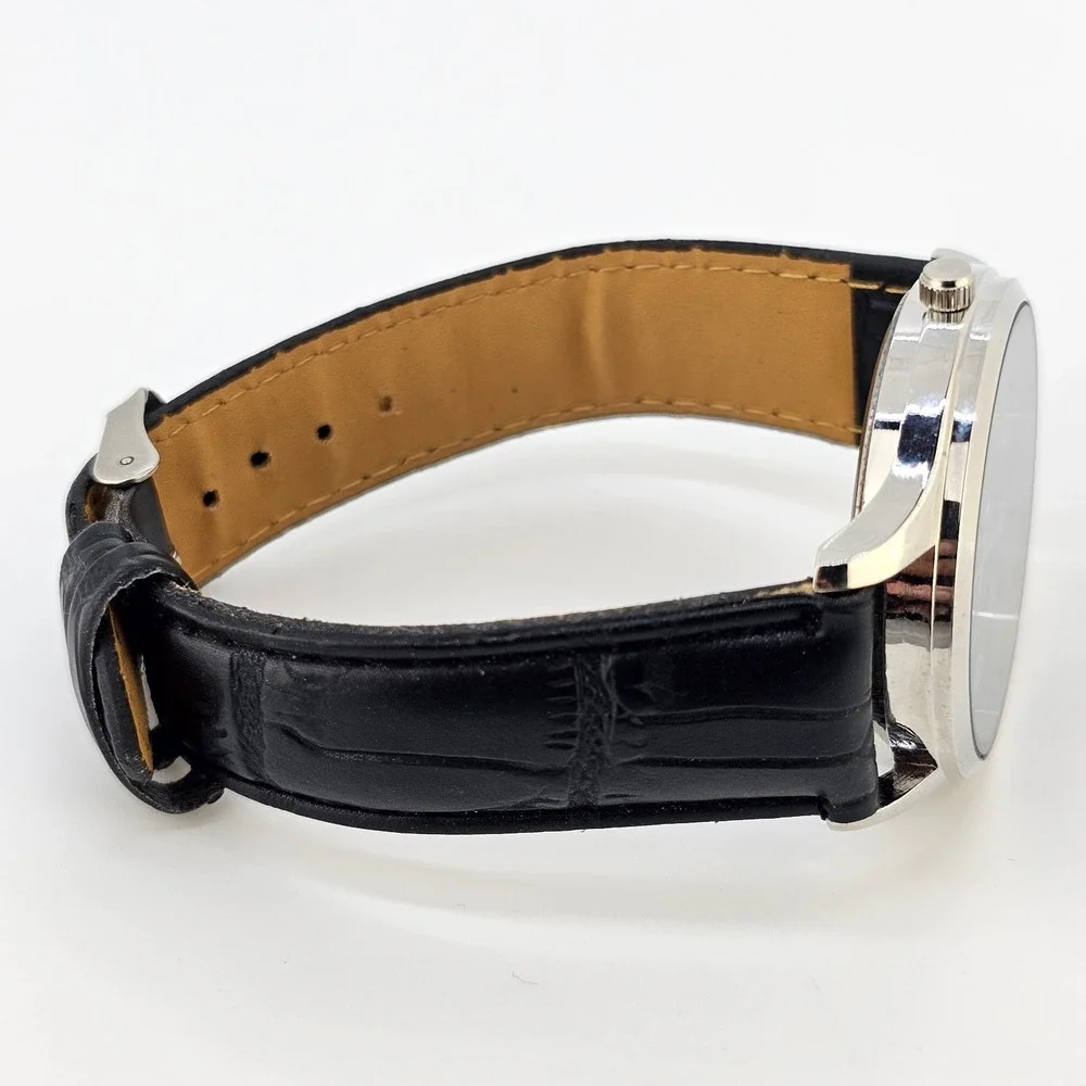 Men Easy Read Watch Analog 40MM Black Dial Black‎ Faux Leather Bands New Battery